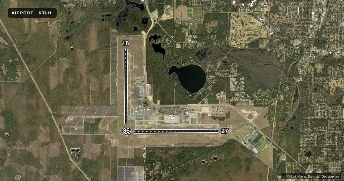 Top-down satellite sketch of KTLH TALLAHASSEE INTL in TALLAHASSEE, FLORIDA, showing runways 09/27, 18/36 drawn to scale over Esri World Imagery