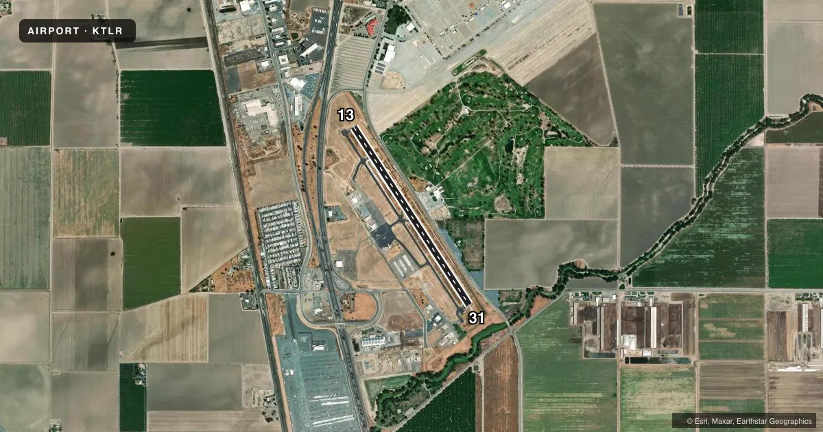 Top-down satellite sketch of KTLR MEFFORD FLD in TULARE, CALIFORNIA, showing runways 13/31 drawn to scale over Esri World Imagery