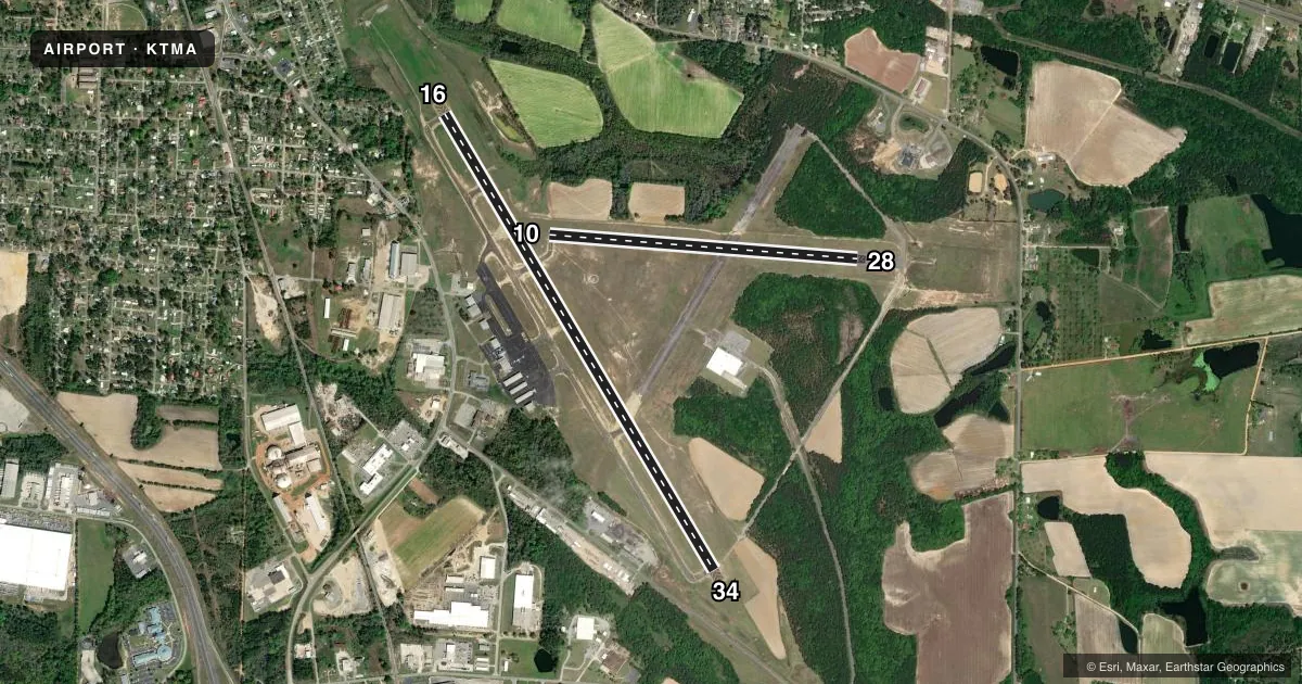Top-down satellite sketch of KTMA HENRY TIFT MYERS in TIFTON, GEORGIA, showing runways 16/34, 10/28 drawn to scale over Esri World Imagery
