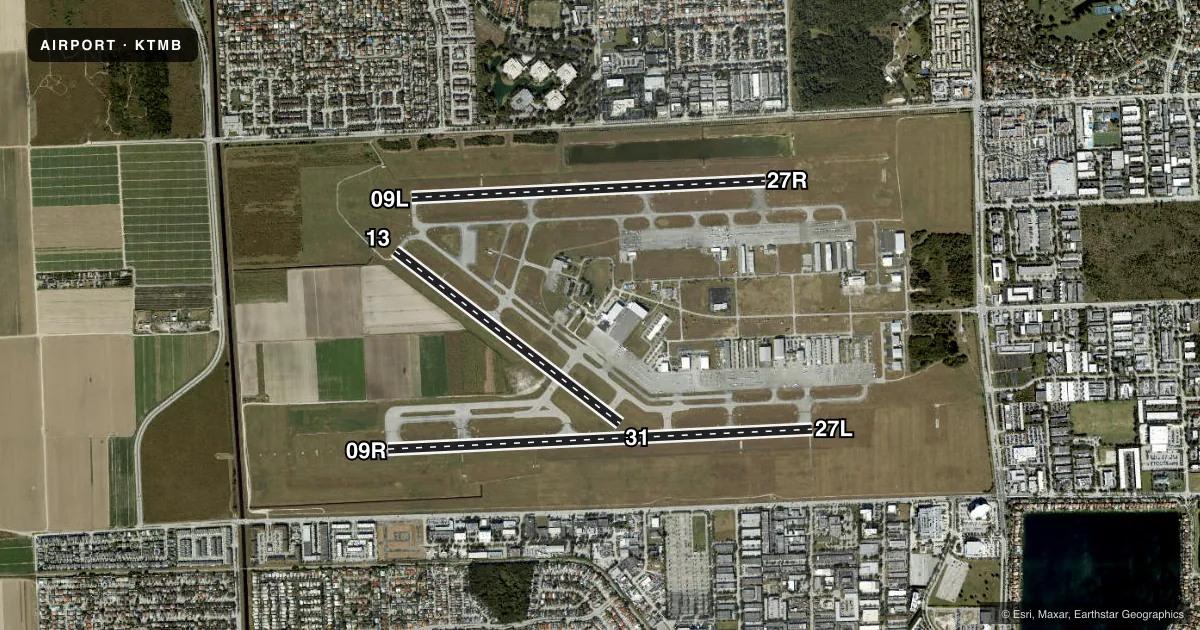 Top-down satellite sketch of KTMB MIAMI EXEC in MIAMI, FLORIDA, showing runways 09R/27L, 09L/27R, 13/31 drawn to scale over Esri World Imagery
