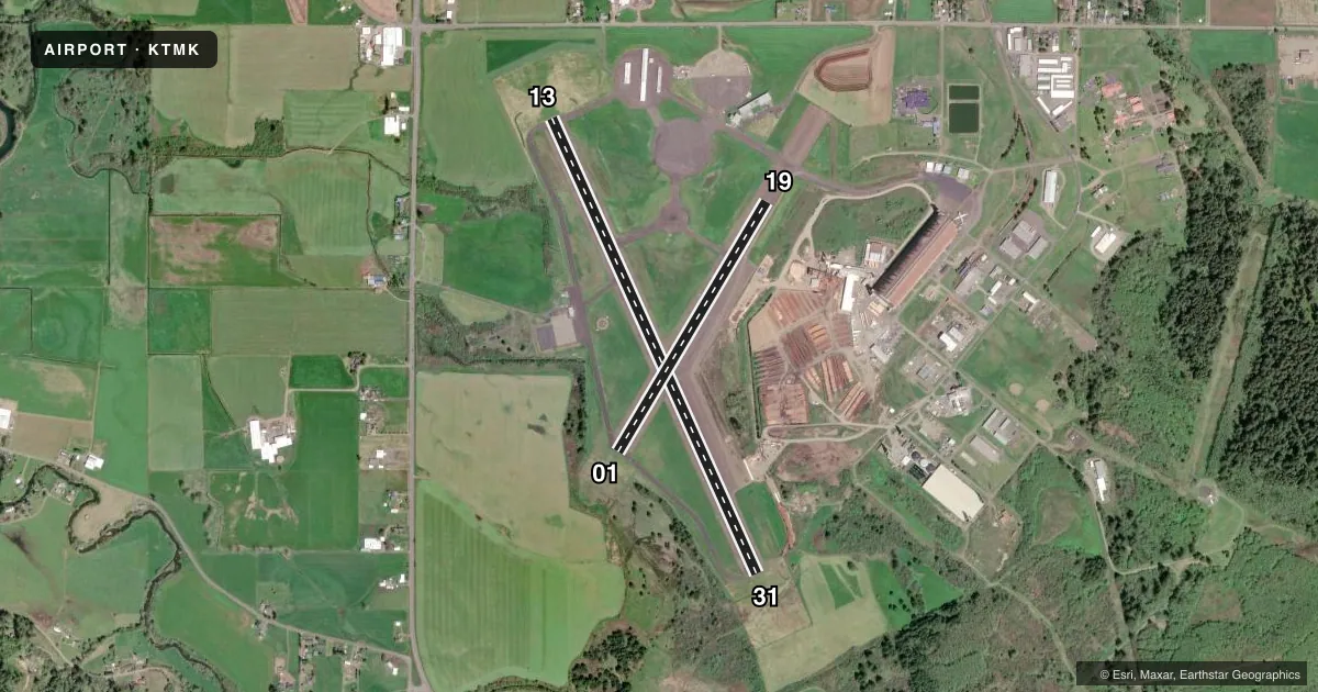 Top-down satellite sketch of KTMK TILLAMOOK in TILLAMOOK, OREGON, showing runways 13/31, 01/19 drawn to scale over Esri World Imagery