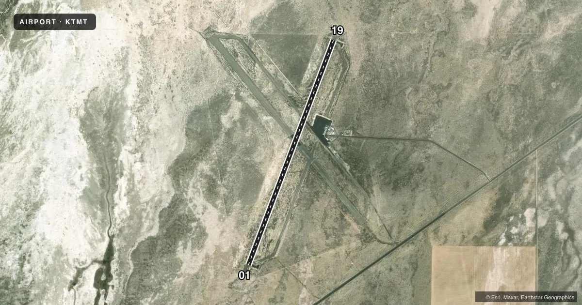 Top-down satellite sketch of KTMT AUSTIN in AUSTIN, NEVADA, showing runways 01/19 drawn to scale over Esri World Imagery