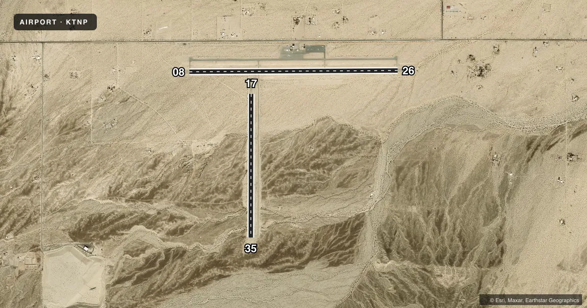 Top-down satellite sketch of KTNP TWENTYNINE PALMS in TWENTYNINE PALMS, CALIFORNIA, showing runways 08/26, 17/35 drawn to scale over Esri World Imagery