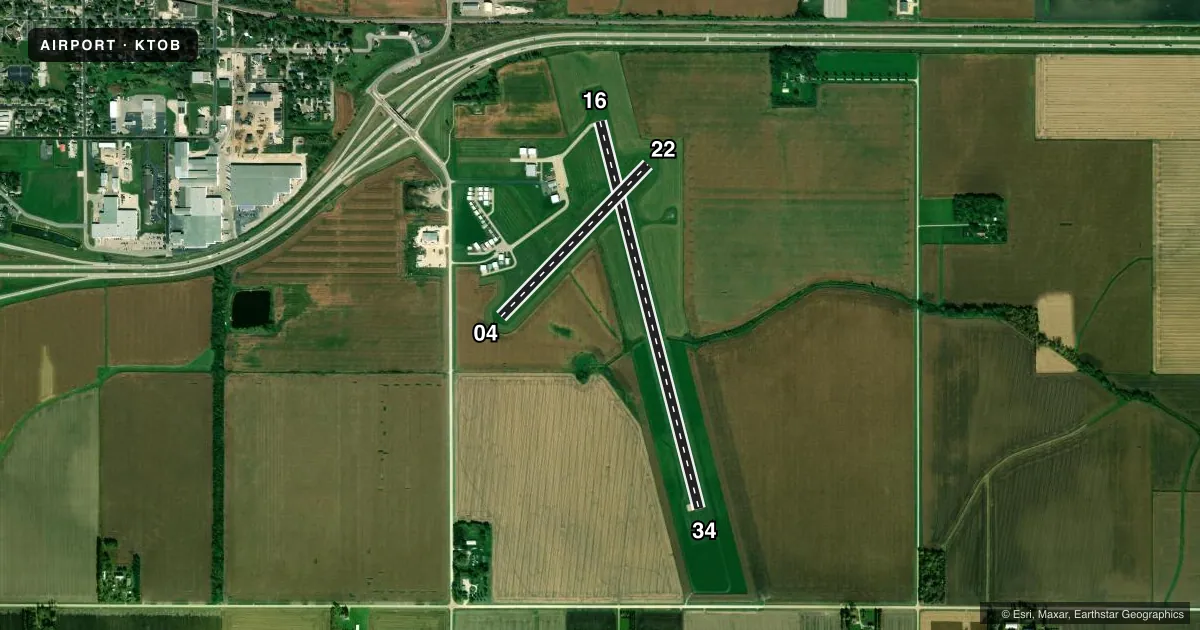 Top-down satellite sketch of KTOB DODGE CENTER in DODGE CENTER, MINNESOTA, showing runways 16/34, 04/22 drawn to scale over Esri World Imagery