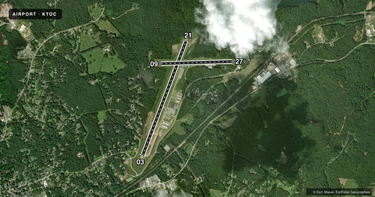 Top-down satellite sketch of KTOC TOCCOA RG LETOURNEAU FLD in TOCCOA, GEORGIA, showing runways 03/21, 09/27 drawn to scale over Esri World Imagery