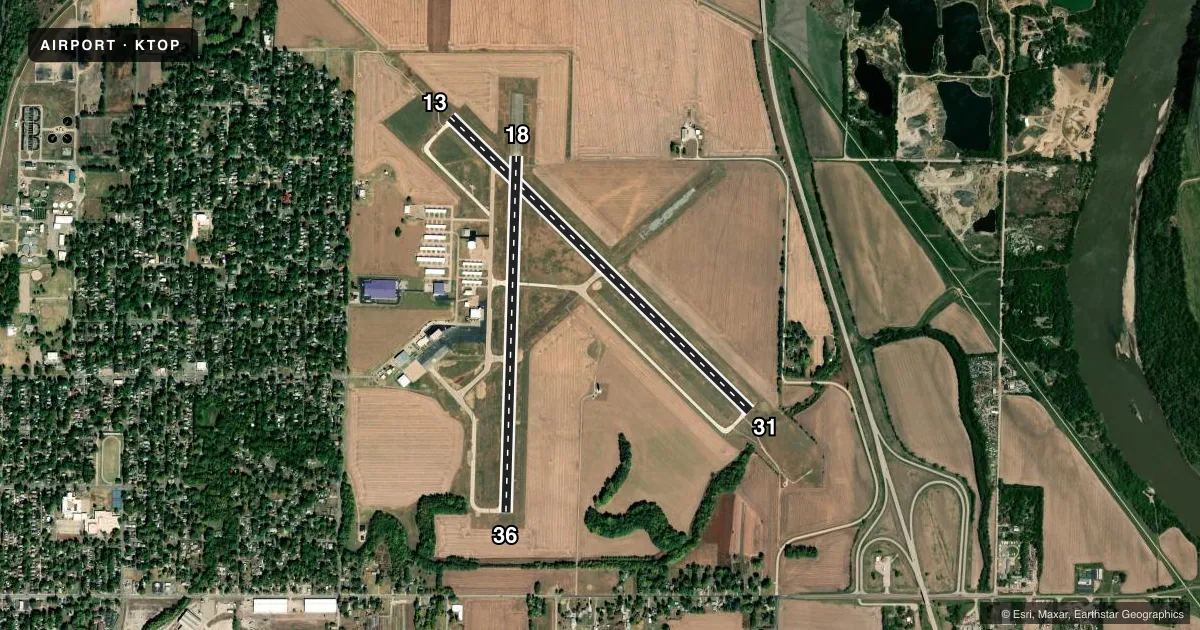 Top-down satellite sketch of KTOP PHILIP BILLARD MUNI in TOPEKA, KANSAS, showing runways 13/31, 18/36 drawn to scale over Esri World Imagery