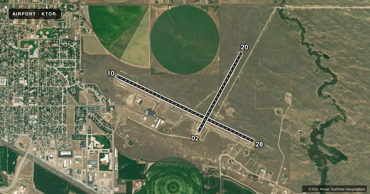 Top-down satellite sketch of KTOR TORRINGTON MUNI in TORRINGTON, WYOMING, showing runways 10/28, 02/20 drawn to scale over Esri World Imagery
