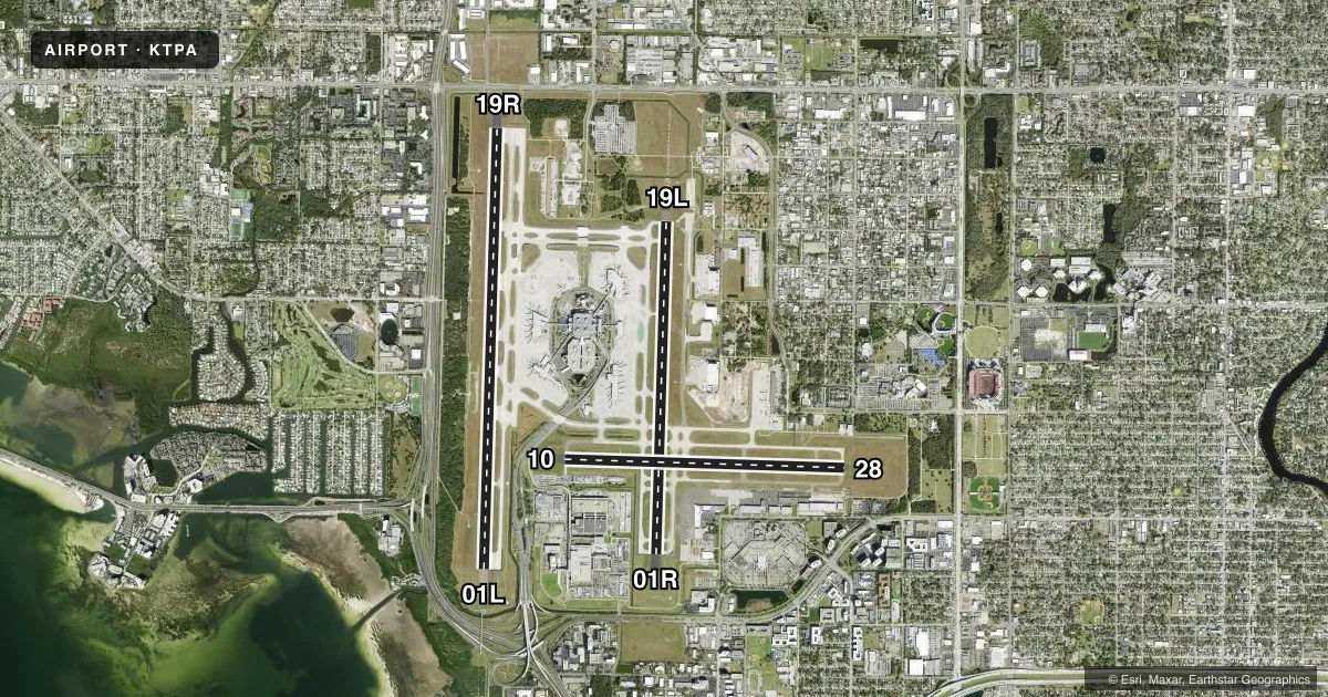 Top-down satellite sketch of KTPA TAMPA INTL in TAMPA, FLORIDA, showing runways 01L/19R, 01R/19L, 10/28 drawn to scale over Esri World Imagery