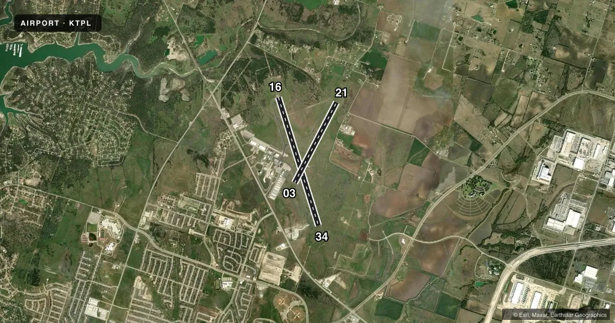 Top-down satellite sketch of KTPL DRAUGHON-MILLER CENTRAL TEXAS RGNL in TEMPLE, TEXAS, showing runways 16/34, 03/21 drawn to scale over Esri World Imagery