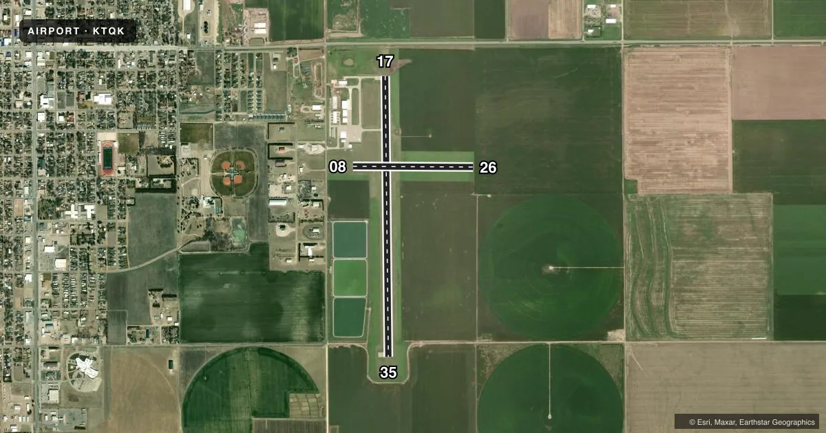 Top-down satellite sketch of KTQK SCOTT CITY MUNI in SCOTT CITY, KANSAS, showing runways 17/35, 08/26 drawn to scale over Esri World Imagery