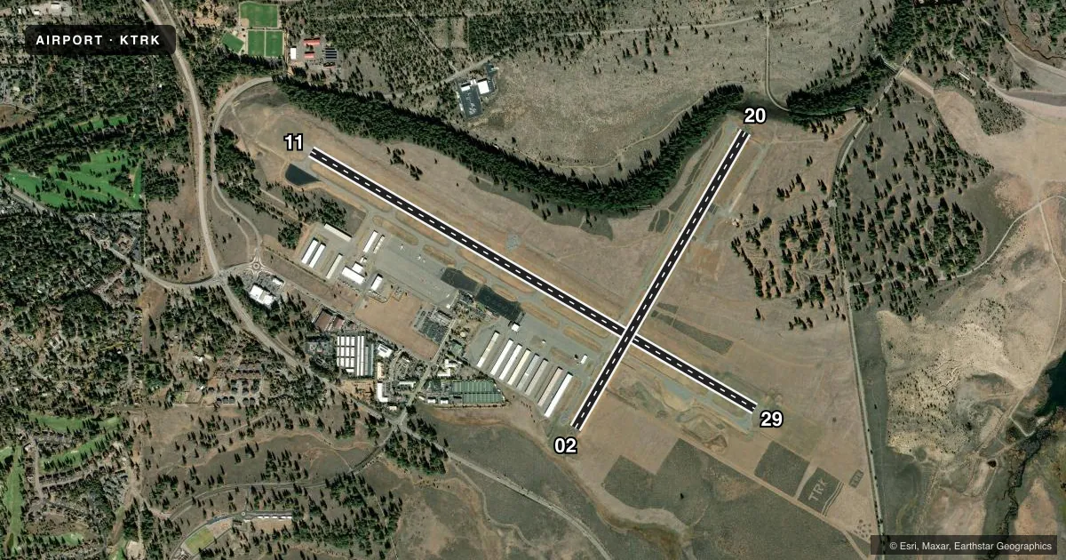 Top-down satellite sketch of KTRK TRUCKEE-TAHOE in TRUCKEE, CALIFORNIA, showing runways 11/29, 02/20 drawn to scale over Esri World Imagery