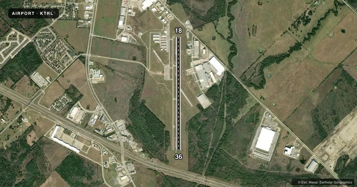 Top-down satellite sketch of KTRL TERRELL MUNI in TERRELL, TEXAS, showing runways 18/36 drawn to scale over Esri World Imagery
