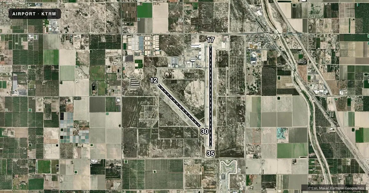 Top-down satellite sketch of KTRM JACQUELINE COCHRAN RGNL in PALM SPRINGS, CALIFORNIA, showing runways 17/35, 12/30 drawn to scale over Esri World Imagery