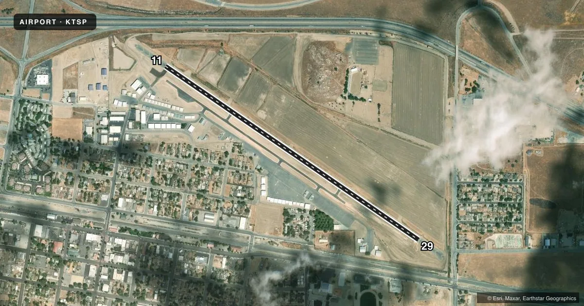 Top-down satellite sketch of KTSP TEHACHAPI MUNI in TEHACHAPI, CALIFORNIA, showing runways 11/29 drawn to scale over Esri World Imagery