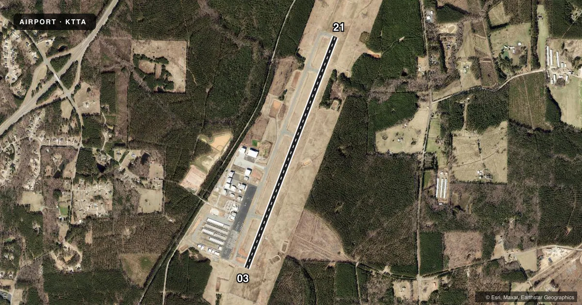 Top-down satellite sketch of KTTA RALEIGH EXEC JETPORT AT SANFORD-LEE COUNTY in SANFORD, NORTH CAROLINA, showing runways 03/21 drawn to scale over Esri World Imagery