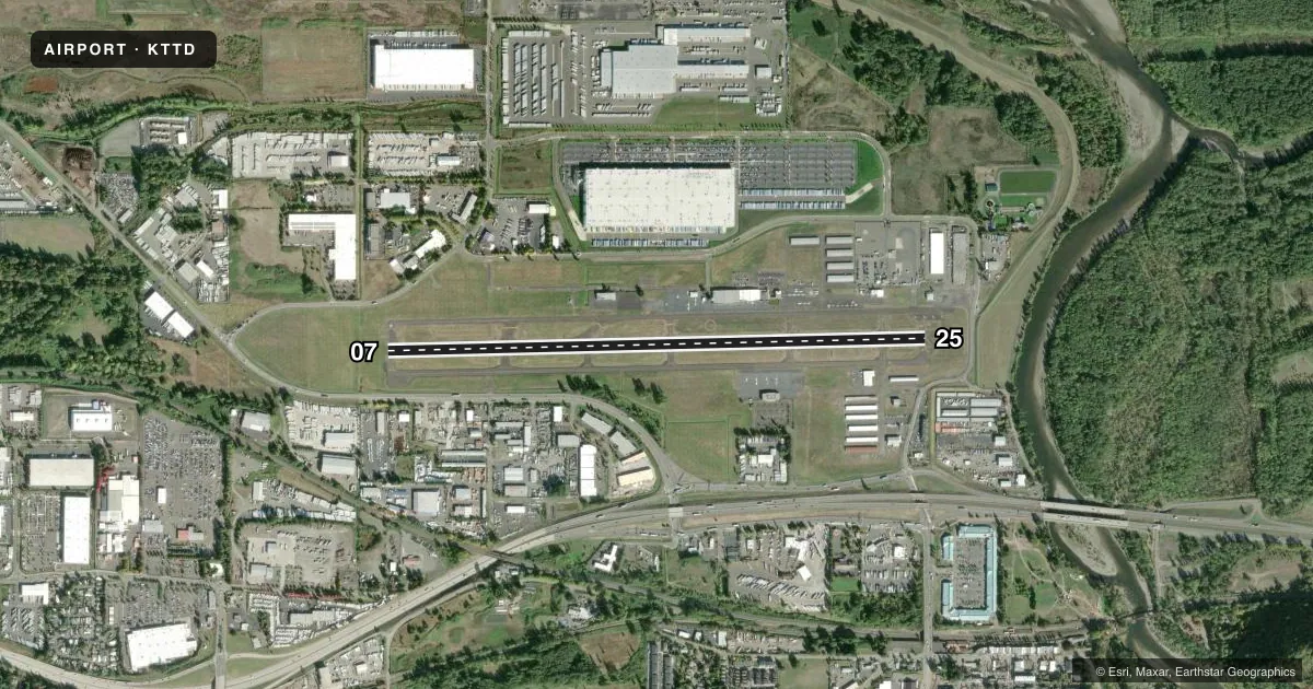 Top-down satellite sketch of KTTD PORTLAND-TROUTDALE in PORTLAND, OREGON, showing runways 07/25 drawn to scale over Esri World Imagery