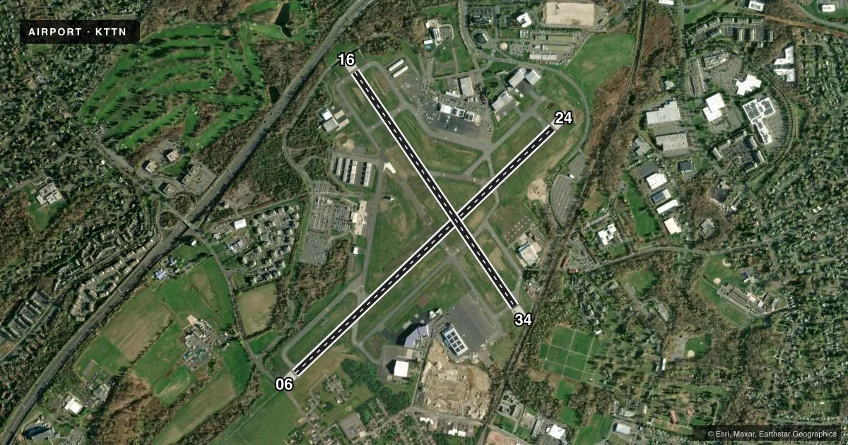 Top-down satellite sketch of KTTN TRENTON MERCER in TRENTON, NEW JERSEY, showing runways 06/24, 16/34 drawn to scale over Esri World Imagery