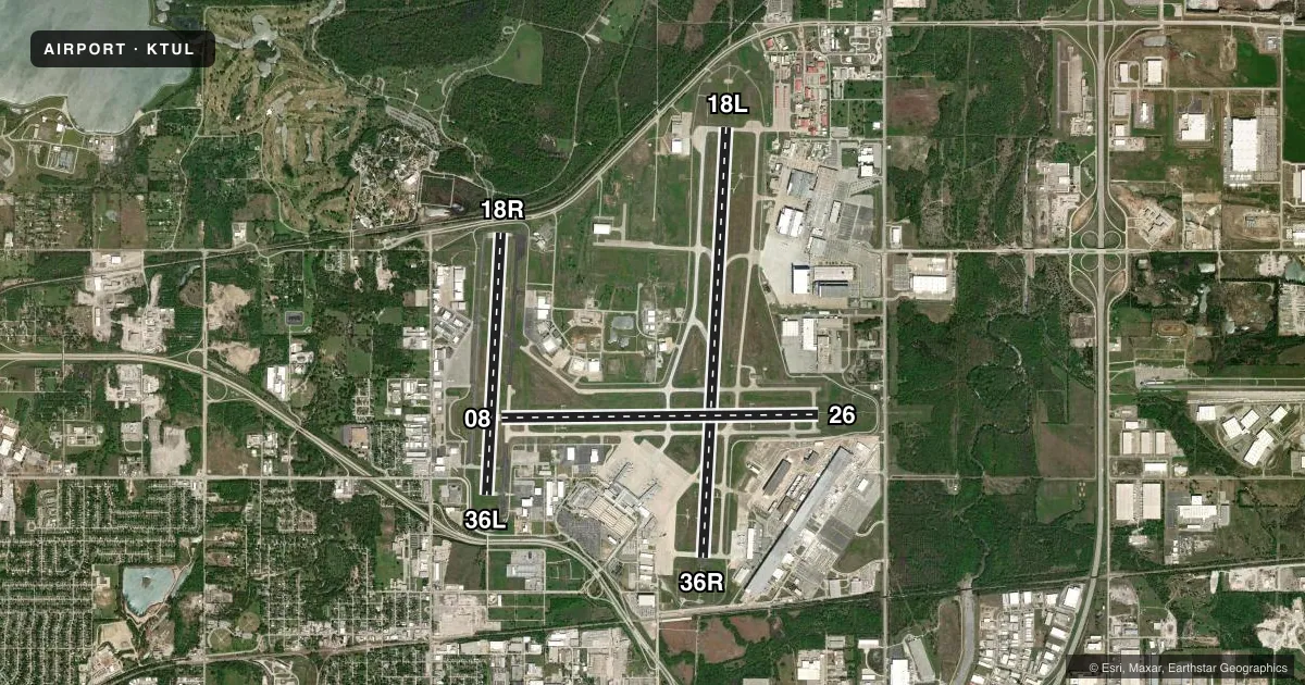 Top-down satellite sketch of KTUL TULSA INTL in TULSA, OKLAHOMA, showing runways 18L/36R, 08/26, 18R/36L drawn to scale over Esri World Imagery
