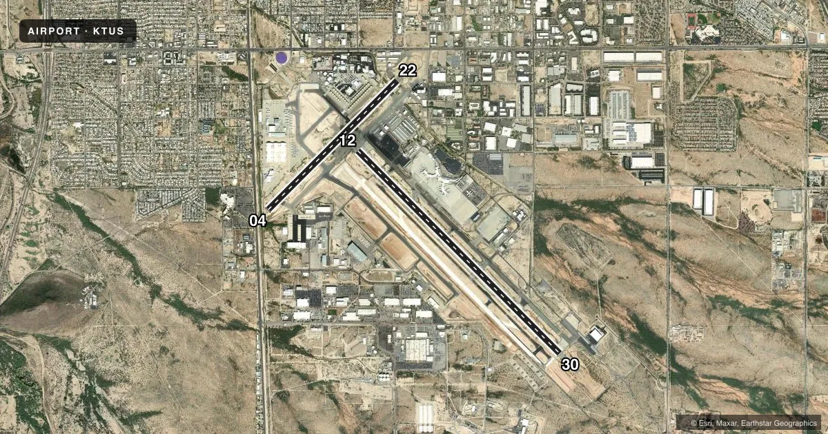 Top-down satellite sketch of KTUS TUCSON INTL in TUCSON, ARIZONA, showing runways 12/30, 04/22 drawn to scale over Esri World Imagery