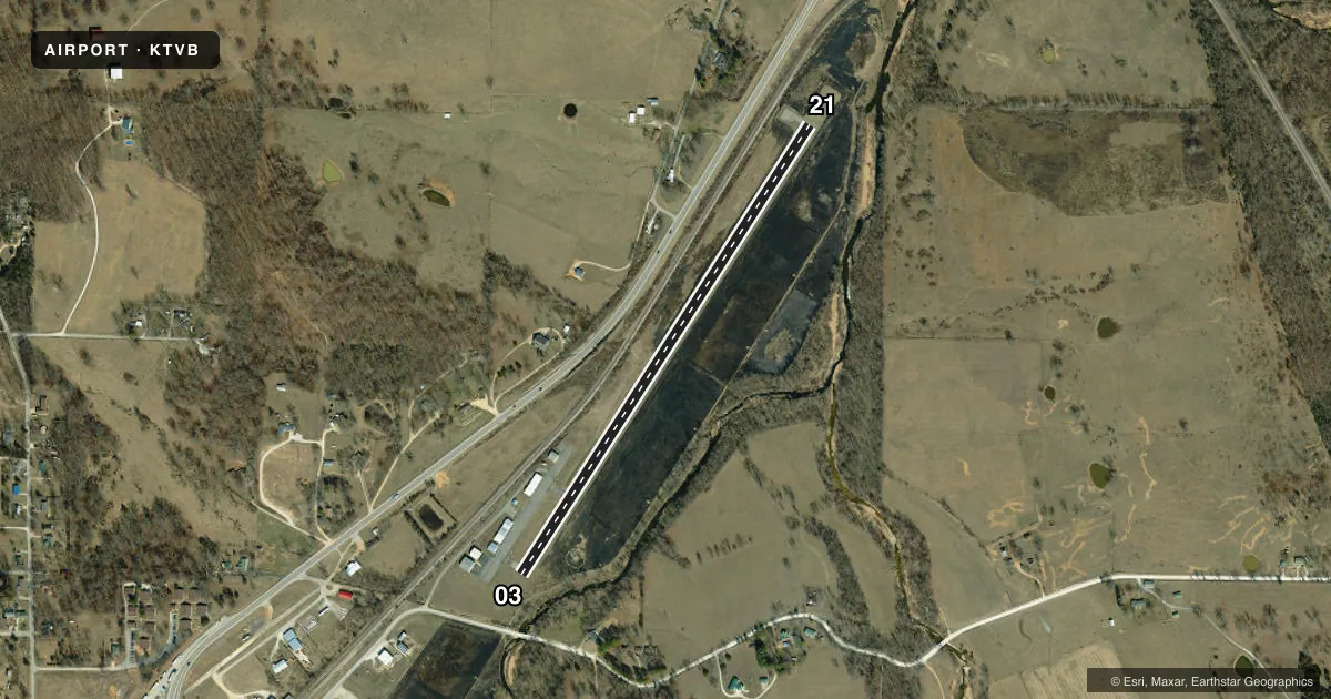 Top-down satellite sketch of KTVB CABOOL MEML in CABOOL, MISSOURI, showing runways 03/21 drawn to scale over Esri World Imagery
