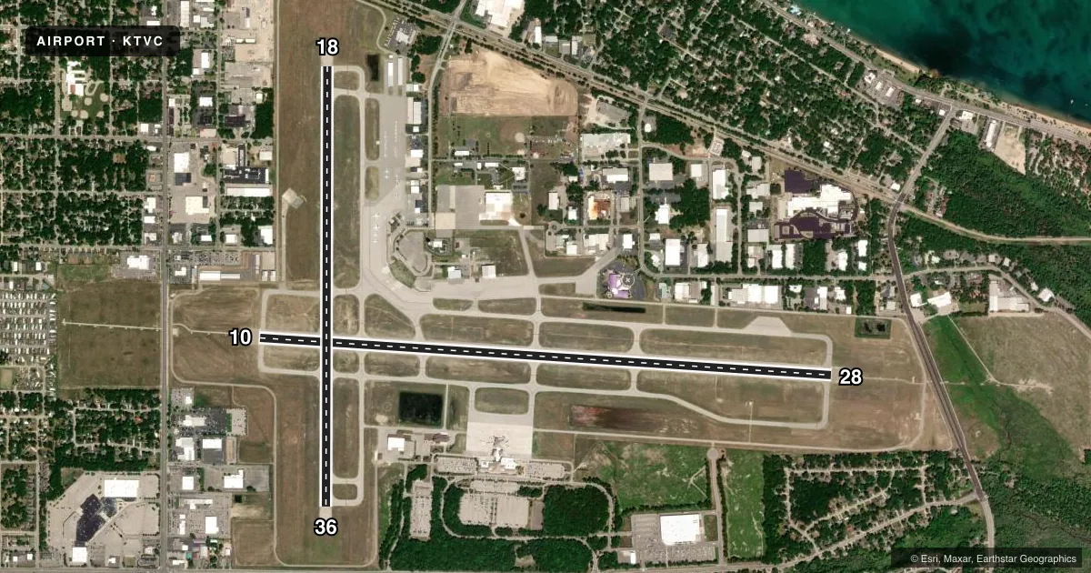 Top-down satellite sketch of KTVC CHERRY CAPITAL in TRAVERSE CITY, MICHIGAN, showing runways 10/28, 18/36 drawn to scale over Esri World Imagery