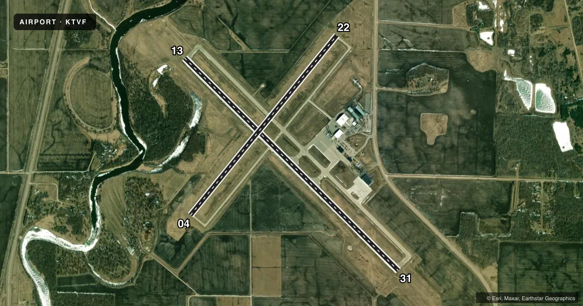Top-down satellite sketch of KTVF THIEF RIVER FALLS RGNL in THIEF RIVER FALLS, MINNESOTA, showing runways 13/31, 04/22 drawn to scale over Esri World Imagery
