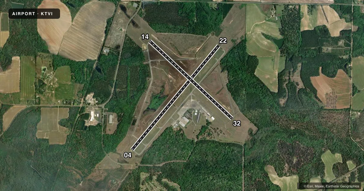 Top-down satellite sketch of KTVI THOMASVILLE RGNL in THOMASVILLE, GEORGIA, showing runways 04/22, 14/32 drawn to scale over Esri World Imagery