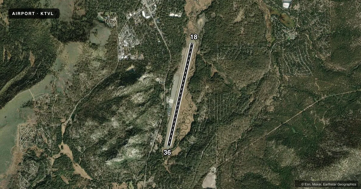 Top-down satellite sketch of KTVL LAKE TAHOE in SOUTH LAKE TAHOE, CALIFORNIA, showing runways 18/36 drawn to scale over Esri World Imagery