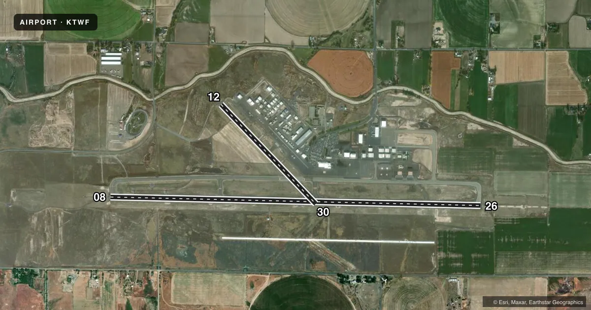 Top-down satellite sketch of KTWF JOSLIN FLD/MAGIC VALLEY RGNL in TWIN FALLS, IDAHO, showing runways 08/26, 12/30 drawn to scale over Esri World Imagery