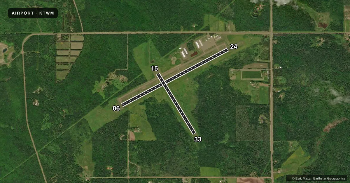 Top-down satellite sketch of KTWM RICHARD B HELGESON in TWO HARBORS, MINNESOTA, showing runways 06/24, 15/33 drawn to scale over Esri World Imagery