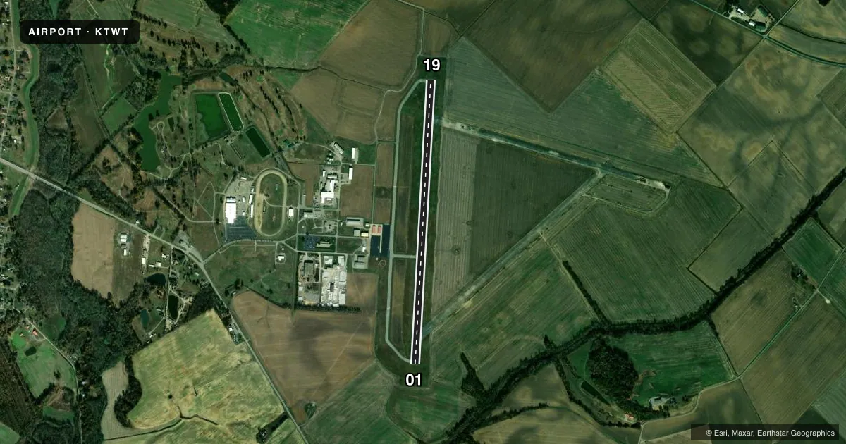 Top-down satellite sketch of KTWT STURGIS MUNI in STURGIS, KENTUCKY, showing runways 01/19 drawn to scale over Esri World Imagery