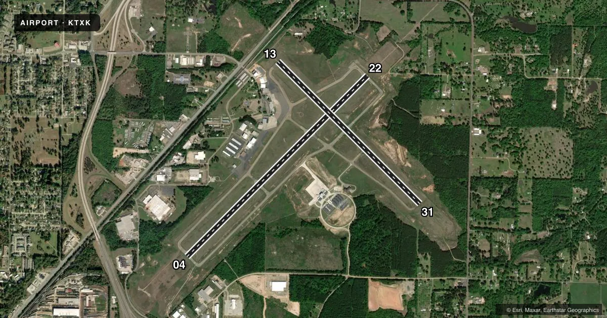 Top-down satellite sketch of KTXK TEXARKANA RGNL-WEBB FLD in TEXARKANA, ARKANSAS, showing runways 04/22, 13/31 drawn to scale over Esri World Imagery