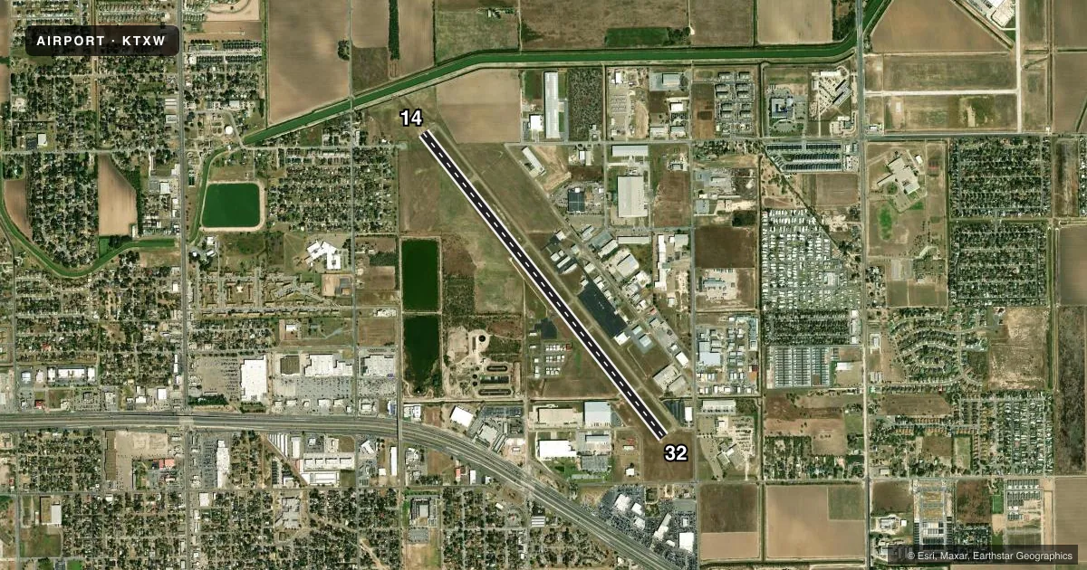 Top-down satellite sketch of KTXW MID VALLEY in WESLACO, TEXAS, showing runways 14/32 drawn to scale over Esri World Imagery