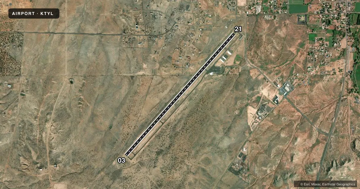 Top-down satellite sketch of KTYL TAYLOR in TAYLOR, ARIZONA, showing runways 03/21 drawn to scale over Esri World Imagery