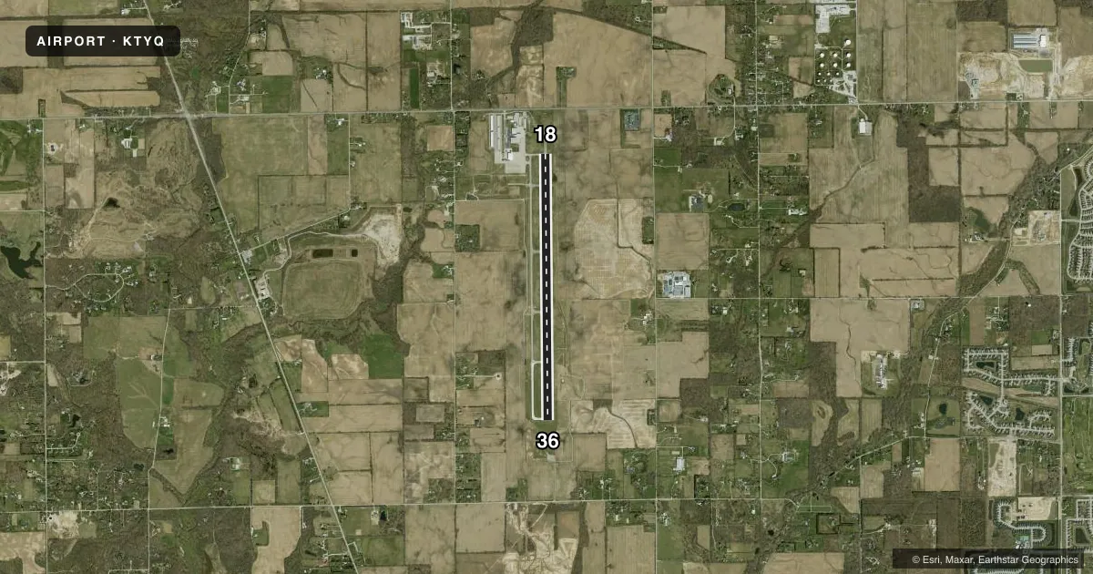 Top-down satellite sketch of KTYQ INDIANAPOLIS EXEC in INDIANAPOLIS, INDIANA, showing runways 18/36 drawn to scale over Esri World Imagery