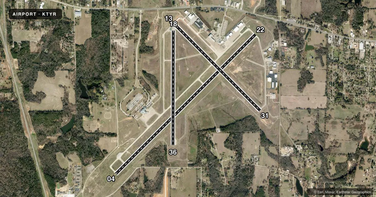 Top-down satellite sketch of KTYR TYLER POUNDS RGNL in TYLER, TEXAS, showing runways 04/22, 13/31, 18/36 drawn to scale over Esri World Imagery