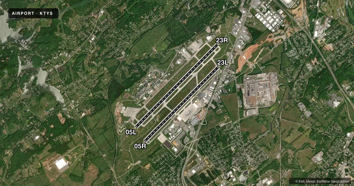 Top-down satellite sketch of KTYS MC GHEE TYSON in KNOXVILLE, TENNESSEE, showing runways 05L/23R, 05R/23L drawn to scale over Esri World Imagery