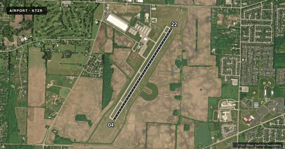 Top-down satellite sketch of KTZR BOLTON FLD in COLUMBUS, OHIO, showing runways 04/22 drawn to scale over Esri World Imagery