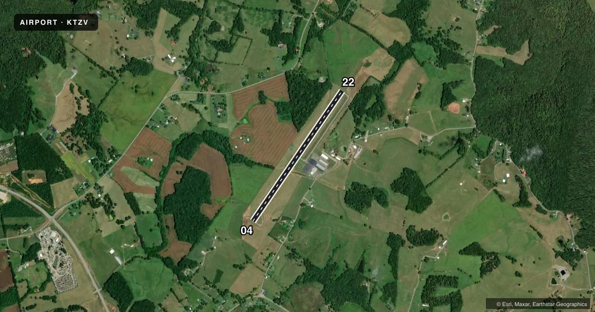 Top-down satellite sketch of KTZV TOMPKINSVILLE/MONROE COUNTY in TOMPKINSVILLE, KENTUCKY, showing runways 04/22 drawn to scale over Esri World Imagery
