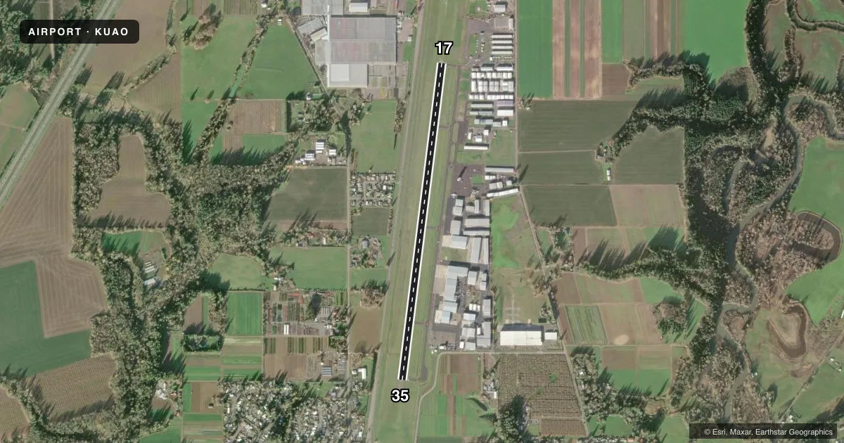 Top-down satellite sketch of KUAO AURORA STATE in AURORA, OREGON, showing runways 17/35 drawn to scale over Esri World Imagery