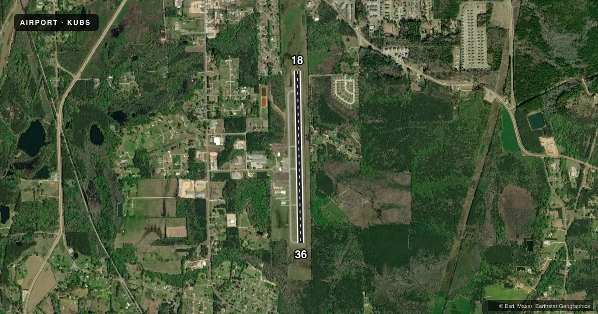 Top-down satellite sketch of KUBS COLUMBUS-LOWNDES COUNTY in COLUMBUS, MISSISSIPPI, showing runways 18/36 drawn to scale over Esri World Imagery