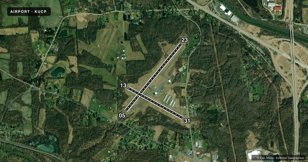 Top-down satellite sketch of KUCP NEW CASTLE MUNI in NEW CASTLE, PENNSYLVANIA, showing runways 05/23, 13/31 drawn to scale over Esri World Imagery