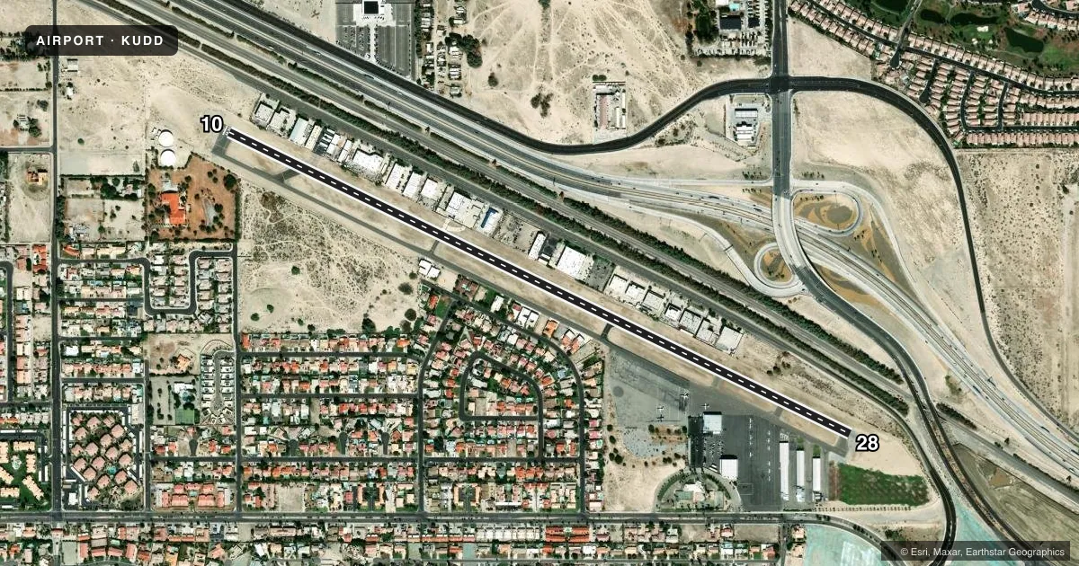 Top-down satellite sketch of KUDD BERMUDA DUNES in PALM SPRINGS, CALIFORNIA, showing runways 10/28 drawn to scale over Esri World Imagery