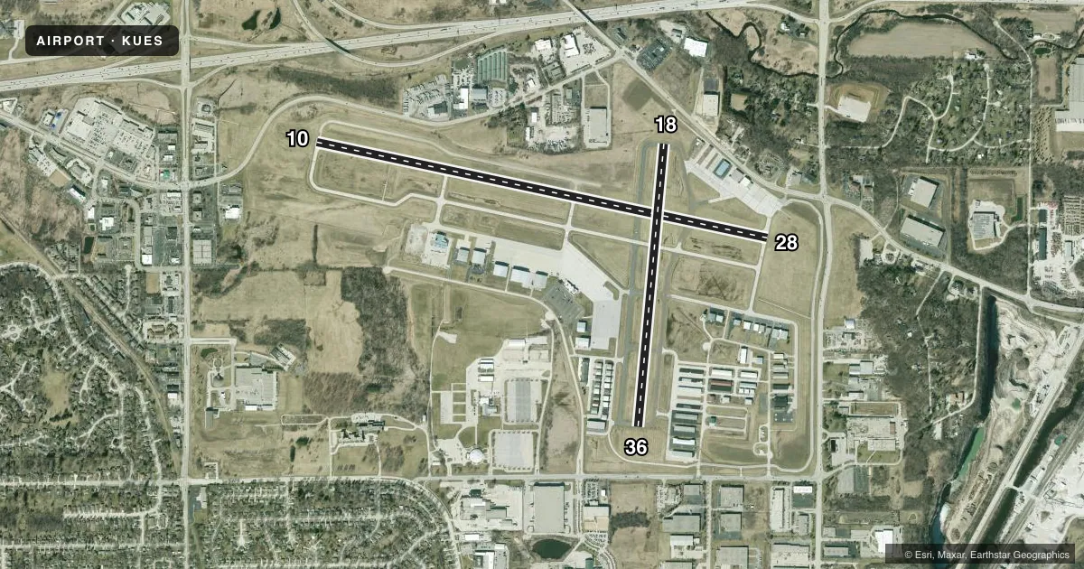 Top-down satellite sketch of KUES WAUKESHA COUNTY in WAUKESHA, WISCONSIN, showing runways 10/28, 18/36 drawn to scale over Esri World Imagery