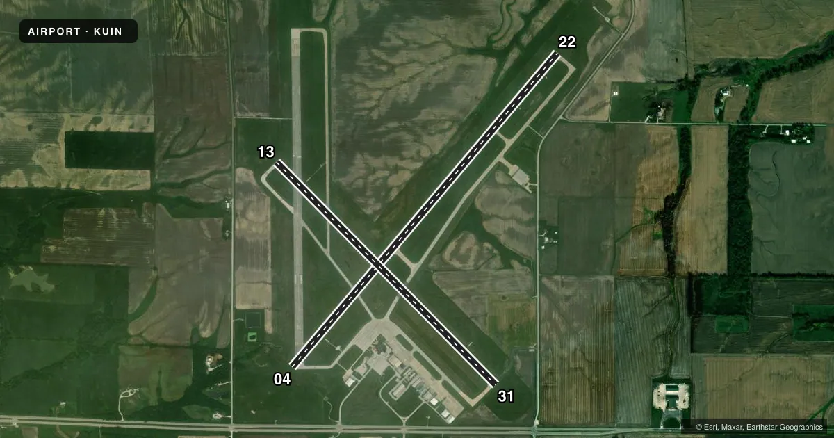 Top-down satellite sketch of KUIN QUINCY RGNL-BALDWIN FLD in QUINCY, ILLINOIS, showing runways 04/22, 13/31 drawn to scale over Esri World Imagery