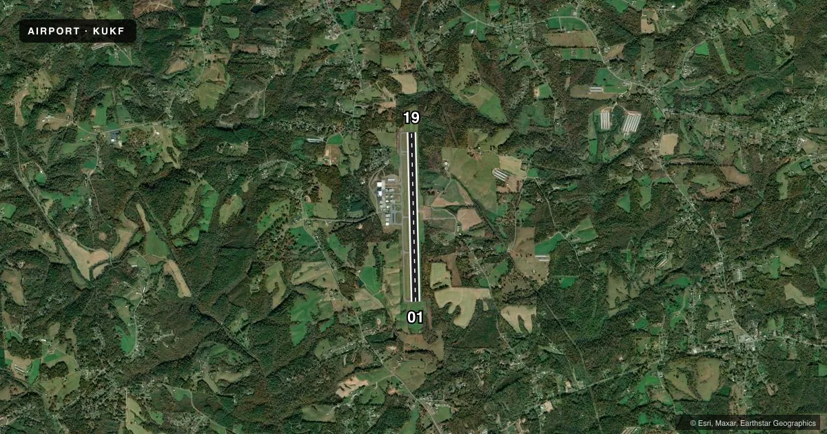 Top-down satellite sketch of KUKF WILKES COUNTY in NORTH WILKESBORO, NORTH CAROLINA, showing runways 01/19 drawn to scale over Esri World Imagery