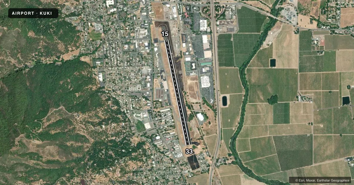 Top-down satellite sketch of KUKI UKIAH MUNI in UKIAH, CALIFORNIA, showing runways 15/33 drawn to scale over Esri World Imagery