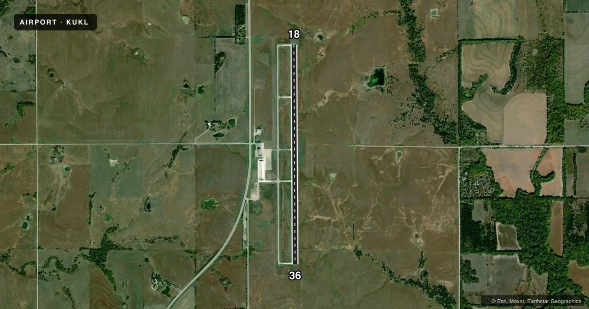 Top-down satellite sketch of KUKL COFFEY COUNTY in BURLINGTON, KANSAS, showing runways 18/36 drawn to scale over Esri World Imagery