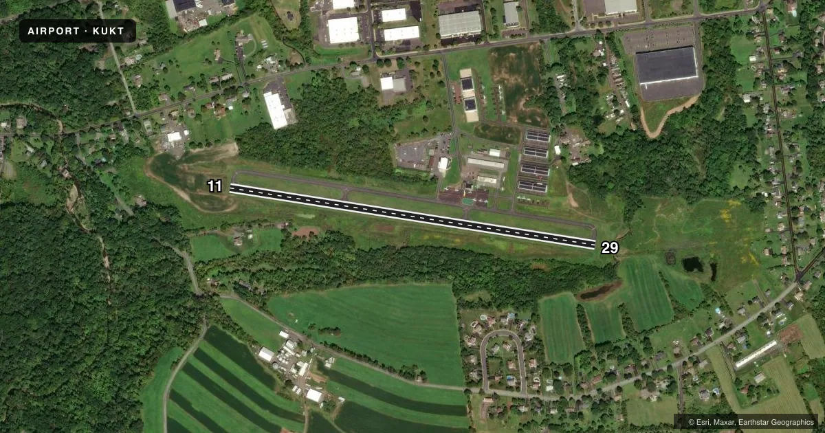 Top-down satellite sketch of KUKT QUAKERTOWN in QUAKERTOWN, PENNSYLVANIA, showing runways 11/29 drawn to scale over Esri World Imagery