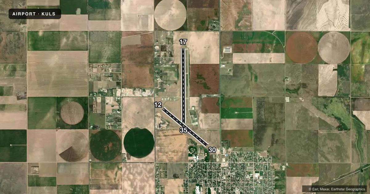 Top-down satellite sketch of KULS ULYSSES in ULYSSES, KANSAS, showing runways 17/35, 12/30 drawn to scale over Esri World Imagery